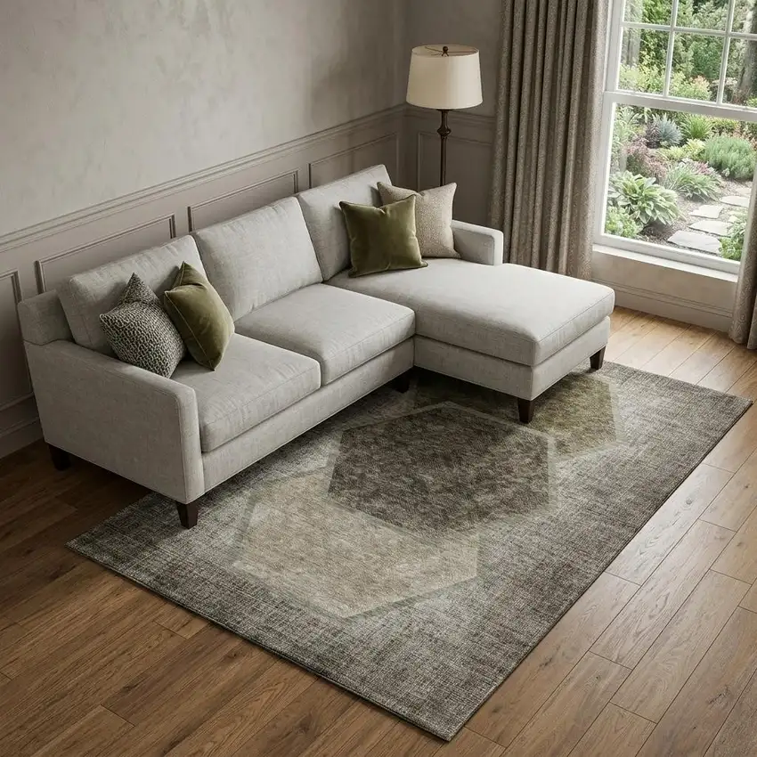 Taupe And Brown Geometric Washable Area Rug With UV Protection Photo 1