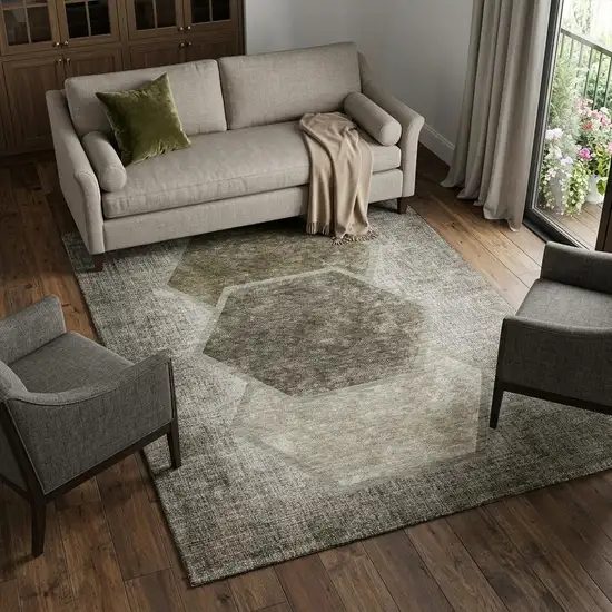 Taupe And Brown Geometric Washable Area Rug With UV Protection Photo 1