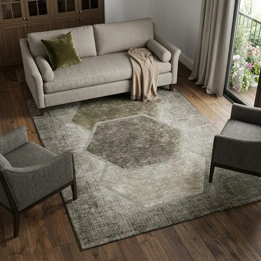 Taupe And Brown Geometric Washable Area Rug With UV Protection Photo 1