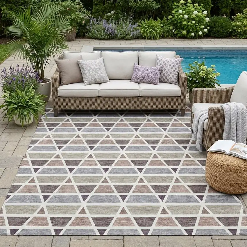 Taupe And Brown Geometric Washable Indoor Outdoor Area Rug Photo 1