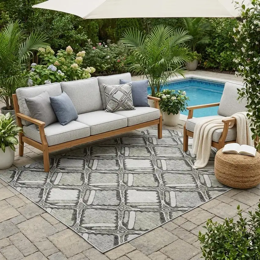 Taupe And Brown Geometric Washable Indoor Outdoor Area Rug Photo 1