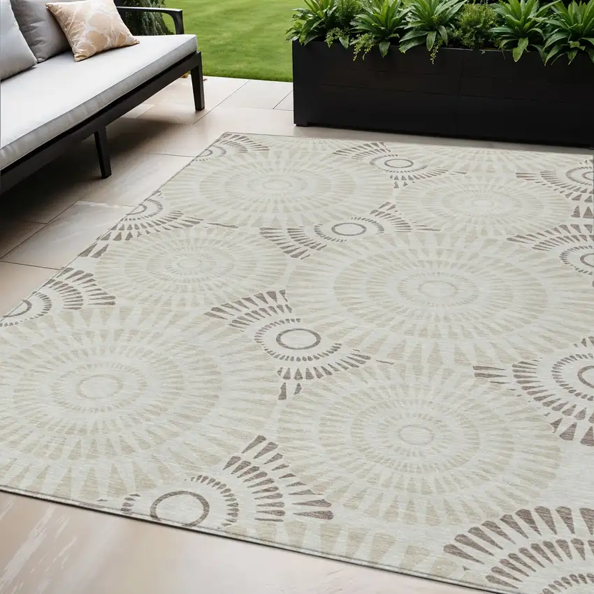 Taupe And Brown Geometric Washable Indoor Outdoor Area Rug Photo 1