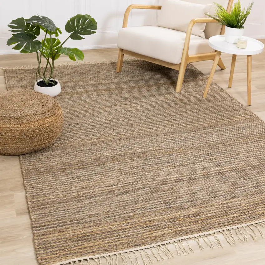 Taupe And Brown Jute Abstract Hand Woven Area Rug Photo 5