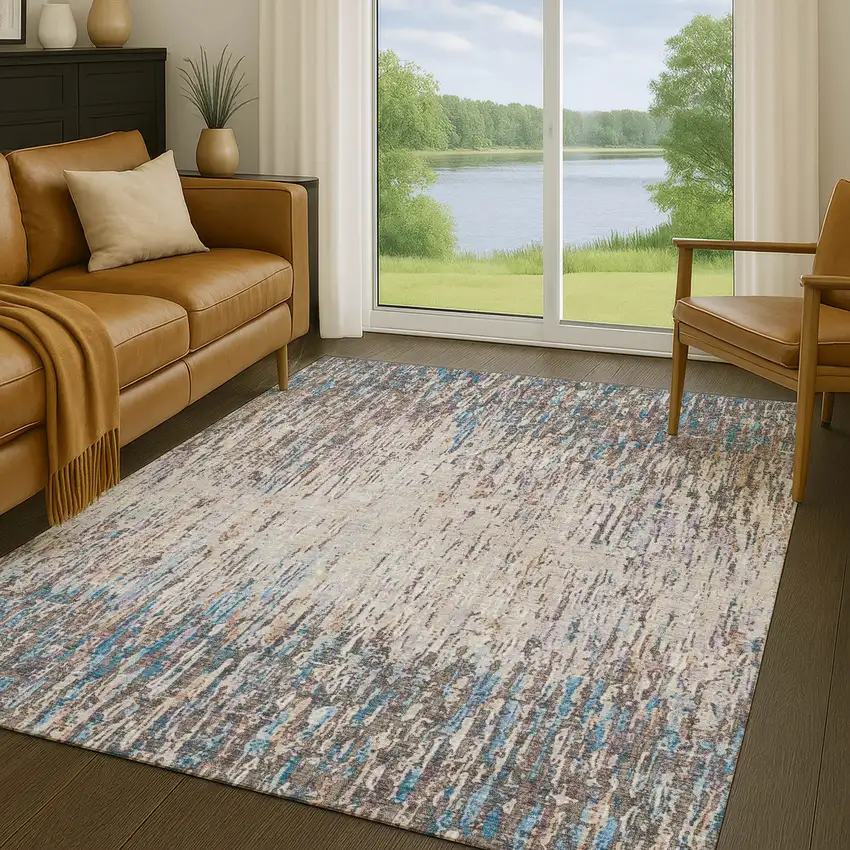 Taupe And Brown Striped Washable Indoor Outdoor Area Rug Photo 5
