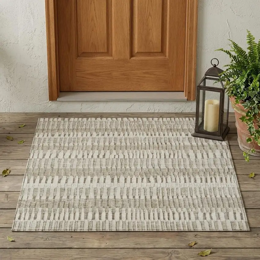 Taupe And Brown Striped Washable Indoor Outdoor Area Rug Photo 1