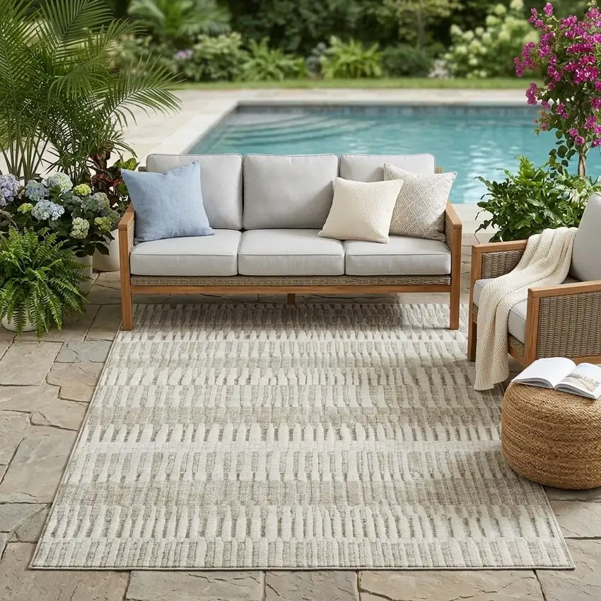 Taupe And Brown Striped Washable Indoor Outdoor Area Rug Photo 1