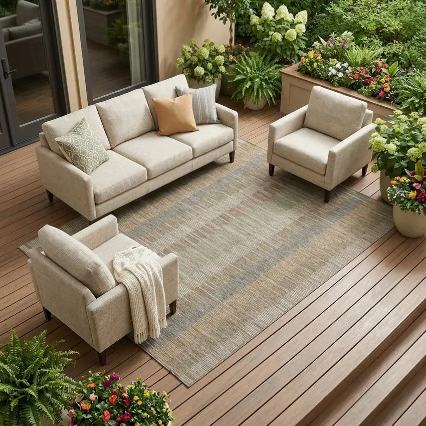Taupe And Brown Striped Washable Indoor Outdoor Area Rug Photo 1