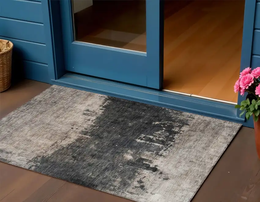 Taupe And Charcoal Abstract Washable Indoor Outdoor Area Rug Photo 1