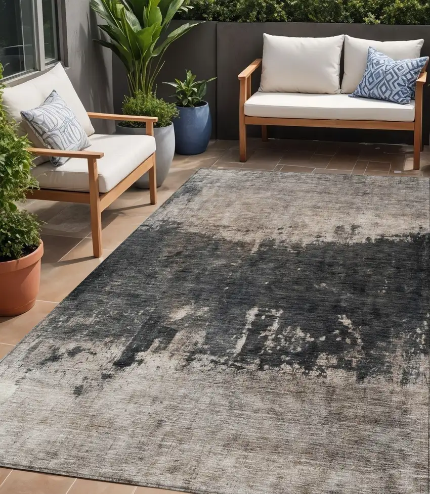 Taupe And Charcoal Abstract Washable Indoor Outdoor Area Rug Photo 1