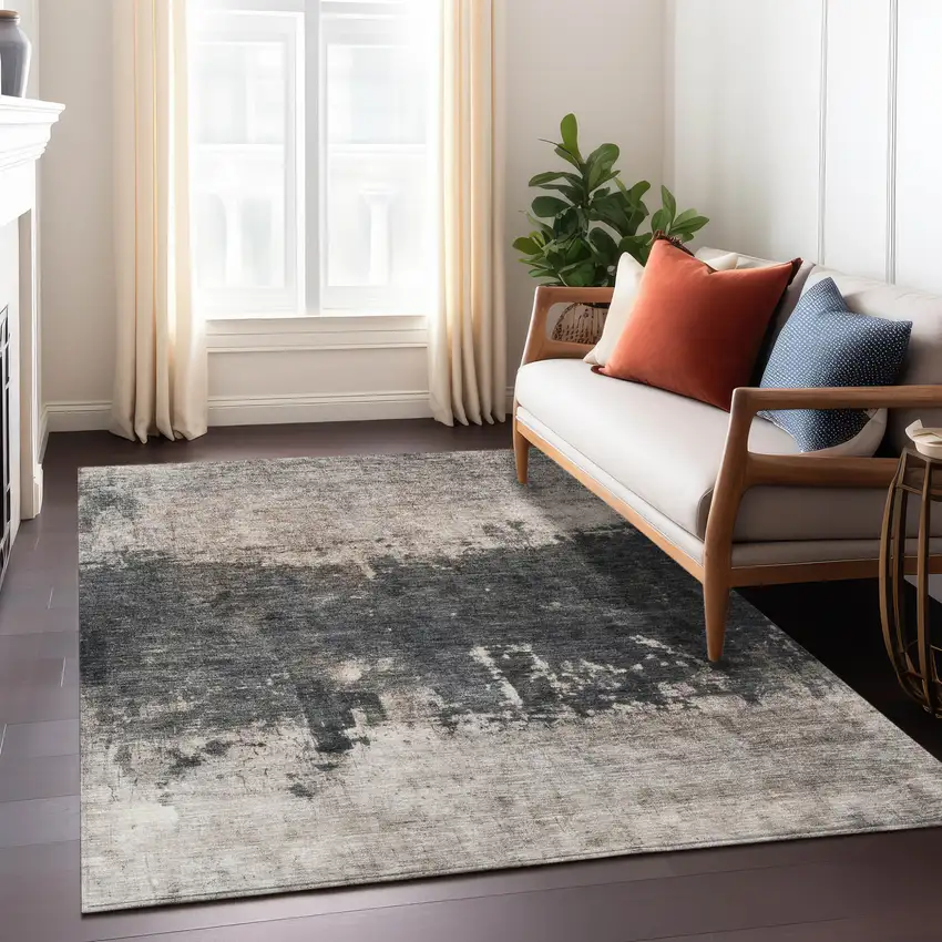Taupe And Charcoal Abstract Washable Indoor Outdoor Area Rug Photo 9