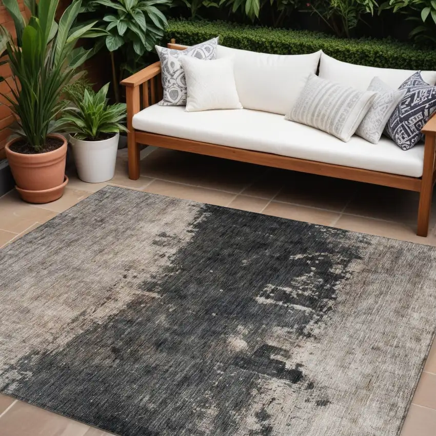 Taupe And Charcoal Abstract Washable Indoor Outdoor Area Rug Photo 1