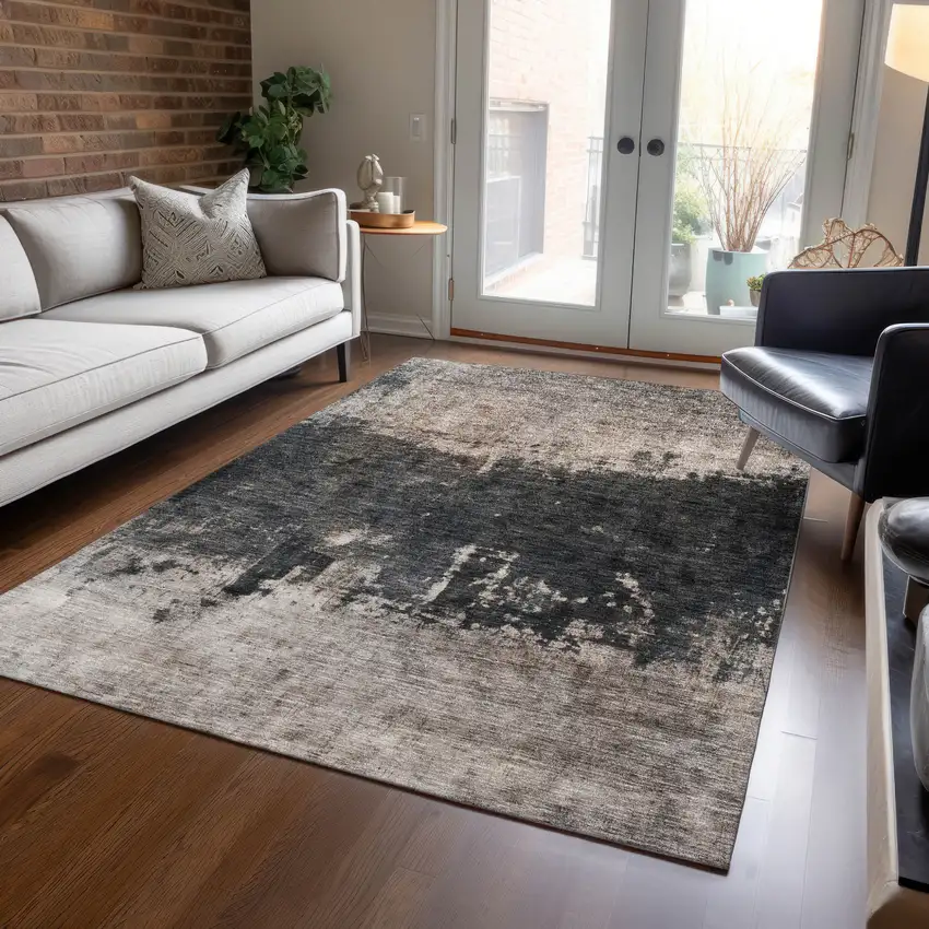Taupe And Charcoal Abstract Washable Indoor Outdoor Area Rug Photo 9