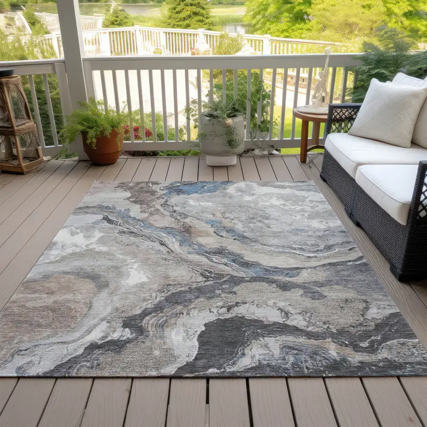 Taupe And Charcoal Abstract Washable Indoor Outdoor Area Rug Photo 8