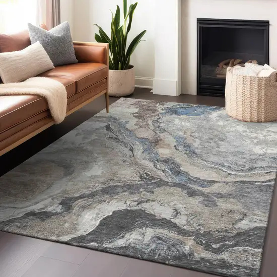 Taupe And Charcoal Abstract Washable Indoor Outdoor Area Rug Photo 6