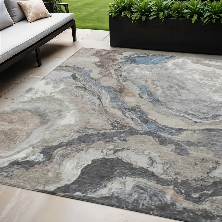 Taupe And Charcoal Abstract Washable Indoor Outdoor Area Rug Photo 2