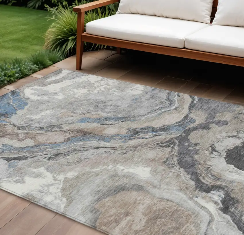 Taupe And Charcoal Abstract Washable Indoor Outdoor Area Rug Photo 2