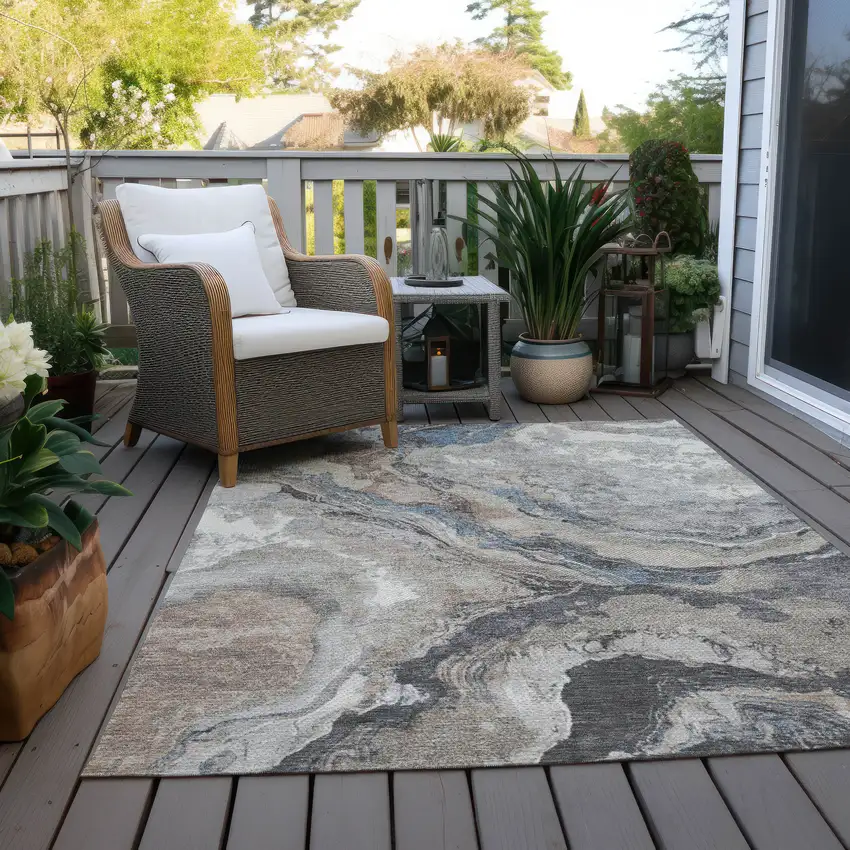 Taupe And Charcoal Abstract Washable Indoor Outdoor Area Rug Photo 4