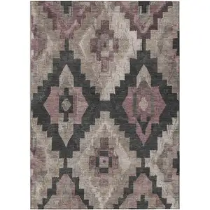 Photo of Taupe And Charcoal Aztec Washable Indoor Outdoor Area Rug
