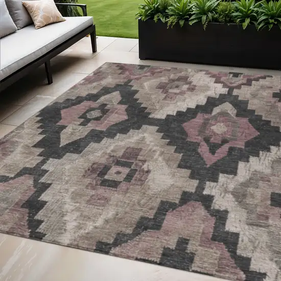 Taupe And Charcoal Aztec Washable Indoor Outdoor Area Rug Photo 2