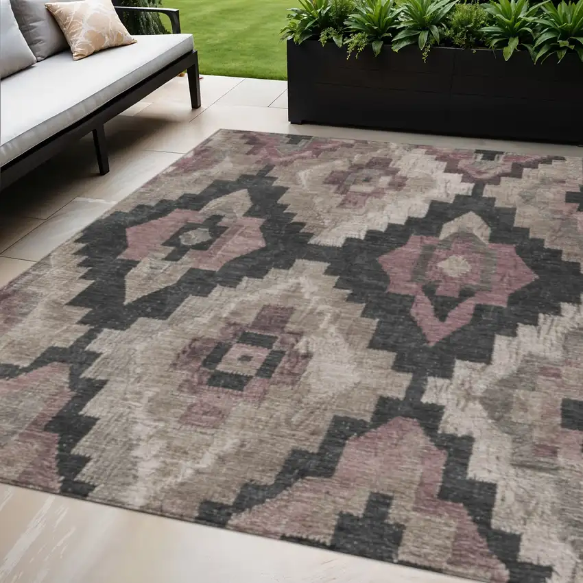 Taupe And Charcoal Aztec Washable Indoor Outdoor Area Rug Photo 2