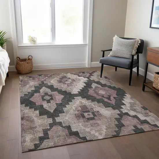 Taupe And Charcoal Aztec Washable Indoor Outdoor Area Rug Photo 7