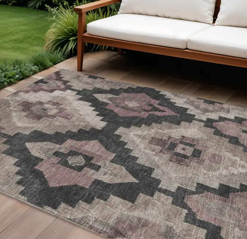 Taupe And Charcoal Aztec Washable Indoor Outdoor Area Rug Photo 2