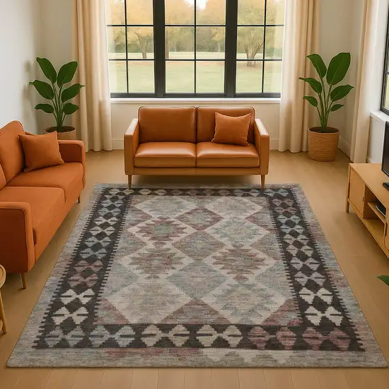 Taupe And Charcoal Tribal Washable Area Rug With UV Protection Photo 5