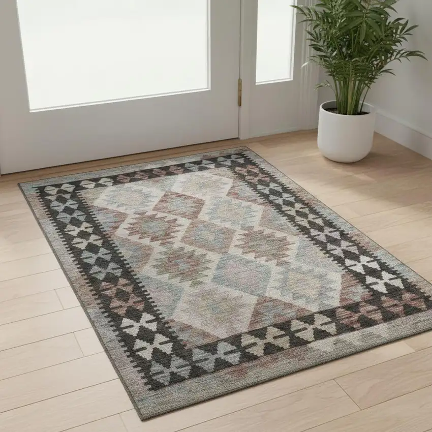 Taupe And Charcoal Tribal Washable Area Rug With UV Protection Photo 2
