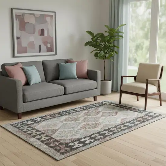 Taupe And Charcoal Tribal Washable Area Rug With UV Protection Photo 2