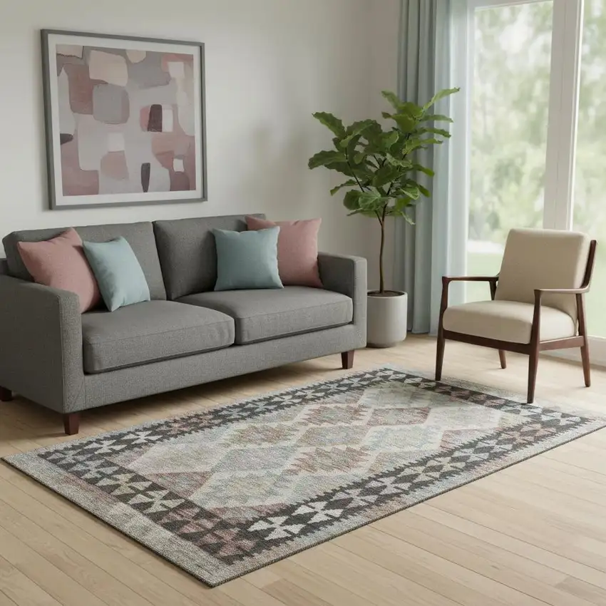 Taupe And Charcoal Tribal Washable Area Rug With UV Protection Photo 2