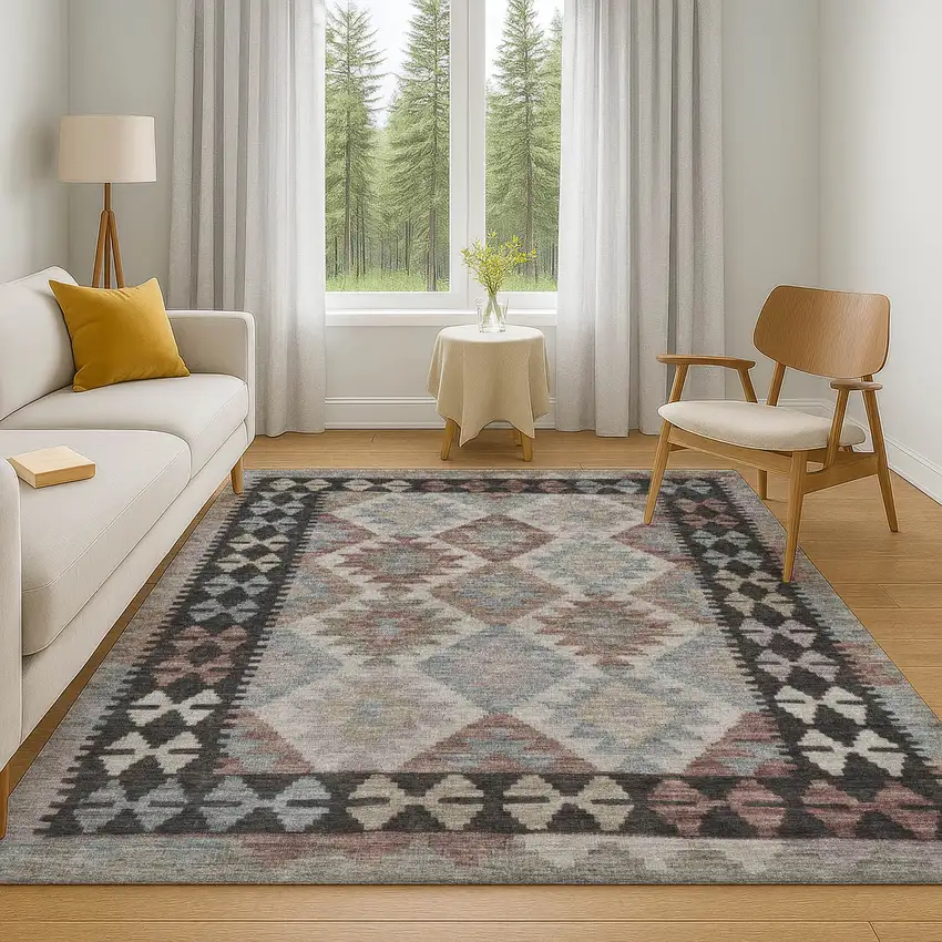 Taupe And Charcoal Tribal Washable Area Rug With UV Protection Photo 6