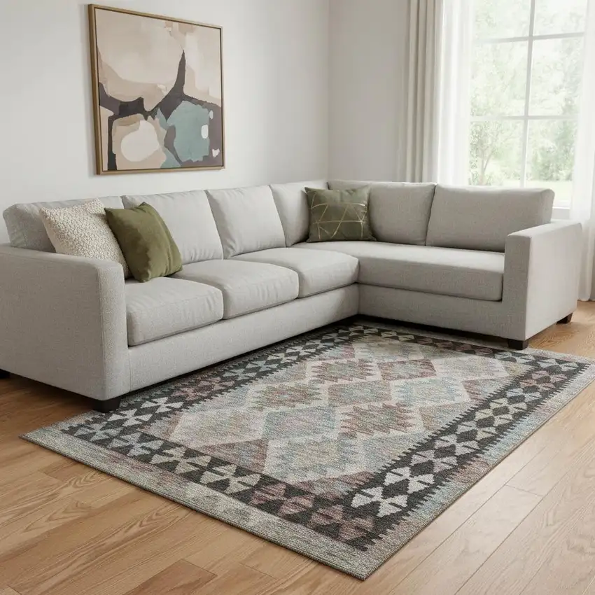 Taupe And Charcoal Tribal Washable Area Rug With UV Protection Photo 2