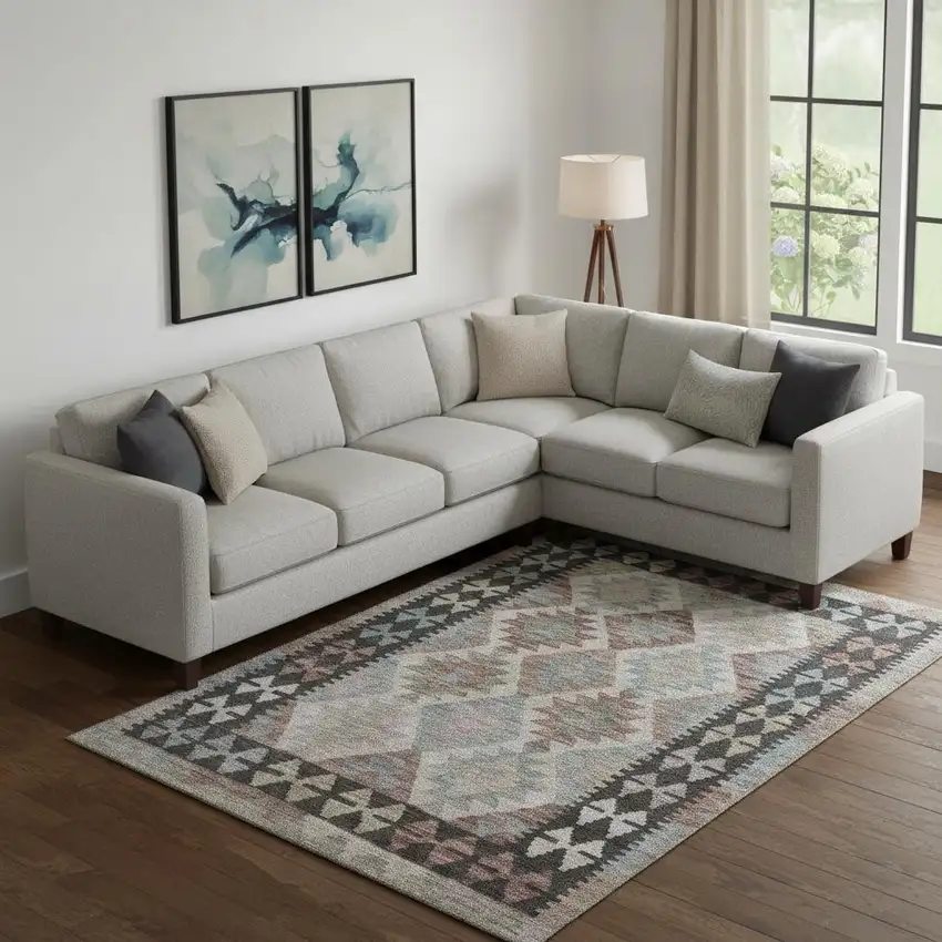 Taupe And Charcoal Tribal Washable Area Rug With UV Protection Photo 2