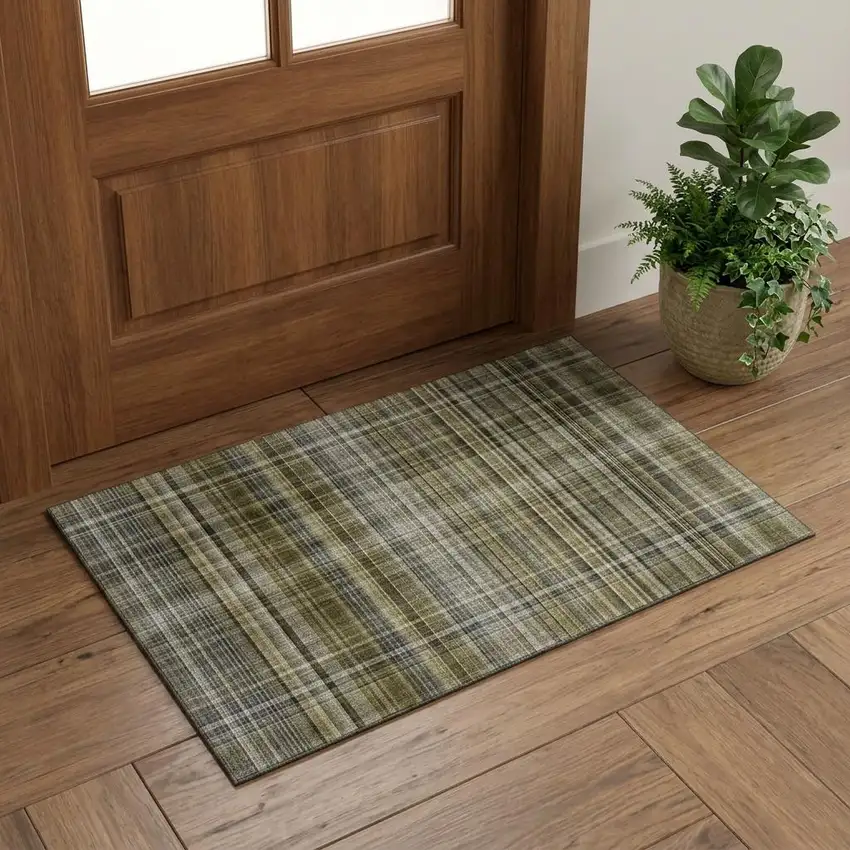 Taupe And Coffee Plaid Washable Area Rug With UV Protection Photo 1