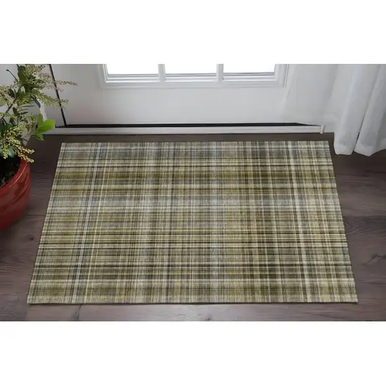 Taupe And Coffee Plaid Washable Area Rug With UV Protection Photo 2