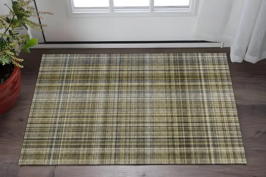 Taupe And Coffee Plaid Washable Area Rug With UV Protection Photo 2
