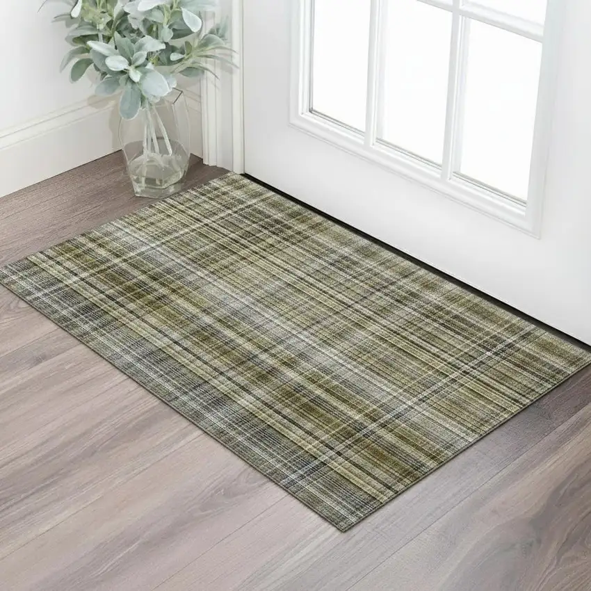 Taupe And Coffee Plaid Washable Area Rug With UV Protection Photo 1