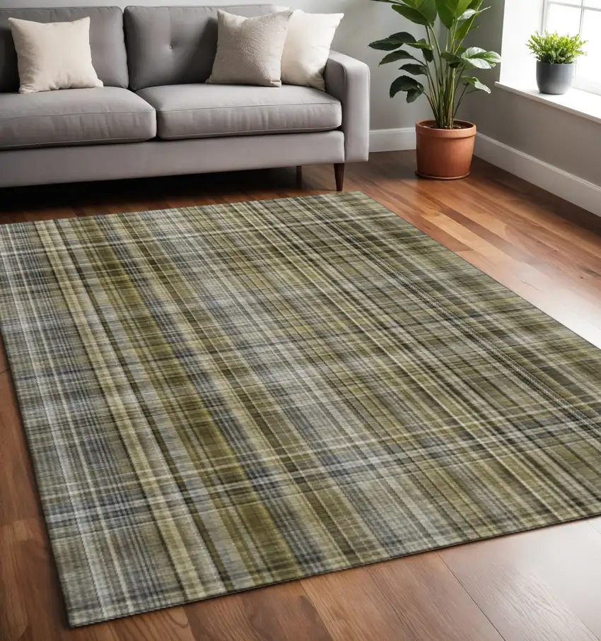 Taupe And Coffee Plaid Washable Area Rug With UV Protection Photo 2