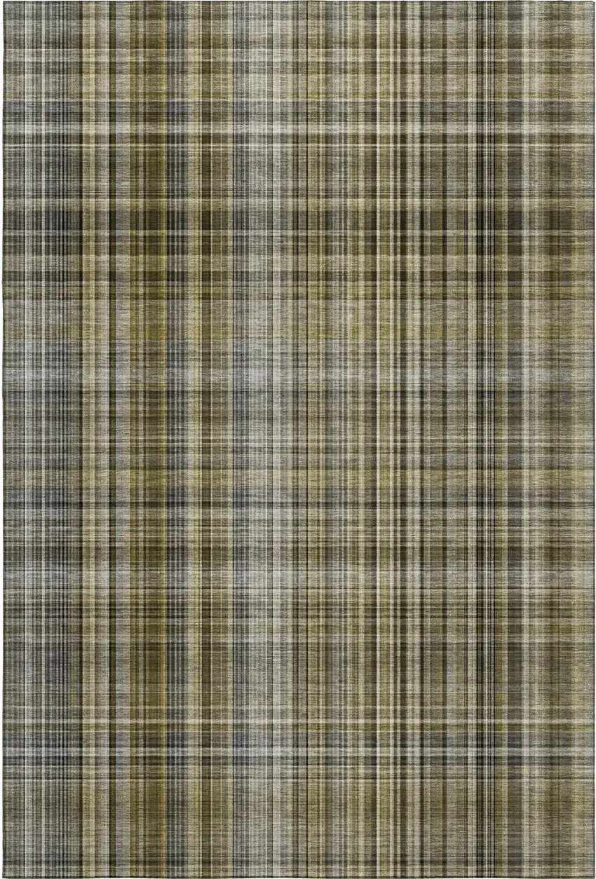 Taupe And Coffee Plaid Washable Area Rug With UV Protection Photo 1