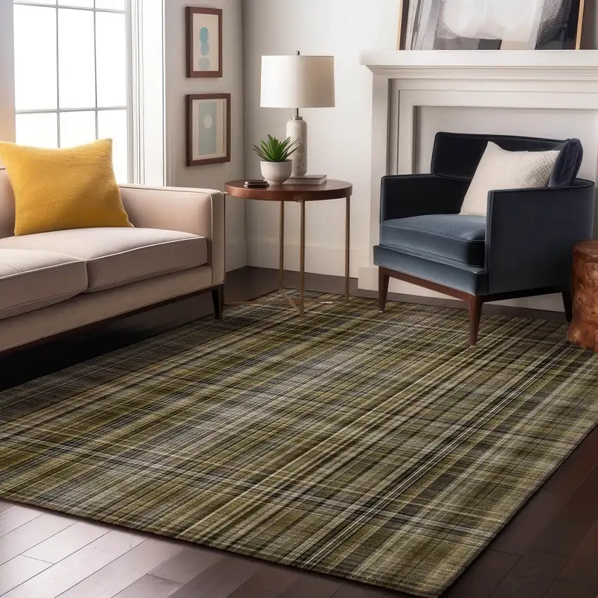 Taupe And Coffee Plaid Washable Area Rug With UV Protection Photo 4