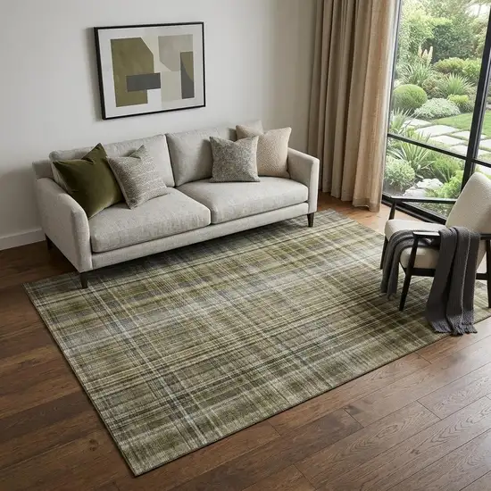 Taupe And Coffee Plaid Washable Area Rug With UV Protection Photo 1