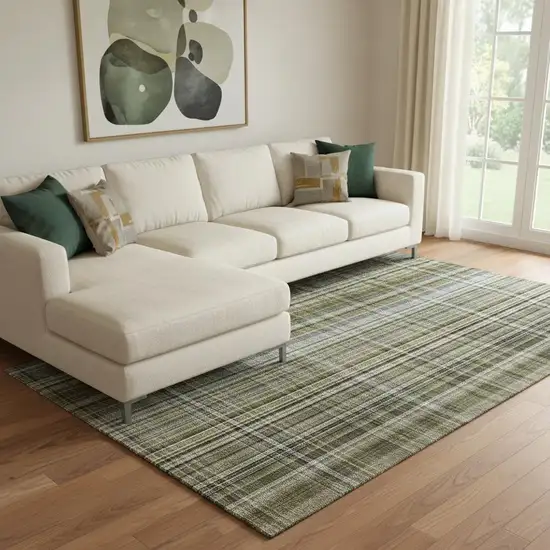 Taupe And Coffee Plaid Washable Area Rug With UV Protection Photo 1