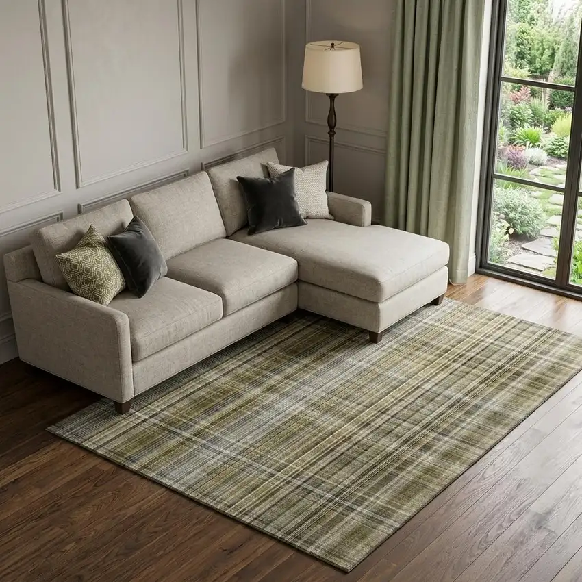 Taupe And Coffee Plaid Washable Area Rug With UV Protection Photo 1