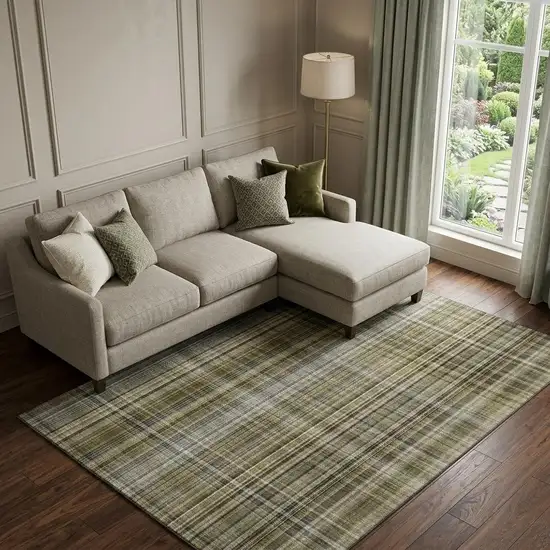 Taupe And Coffee Plaid Washable Area Rug With UV Protection Photo 1