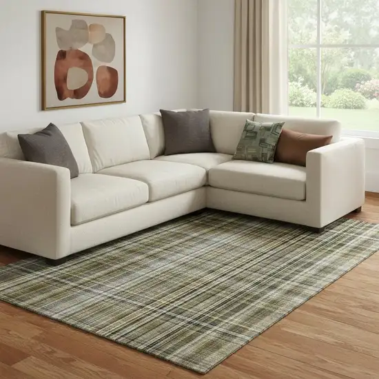 Taupe And Coffee Plaid Washable Area Rug With UV Protection Photo 1