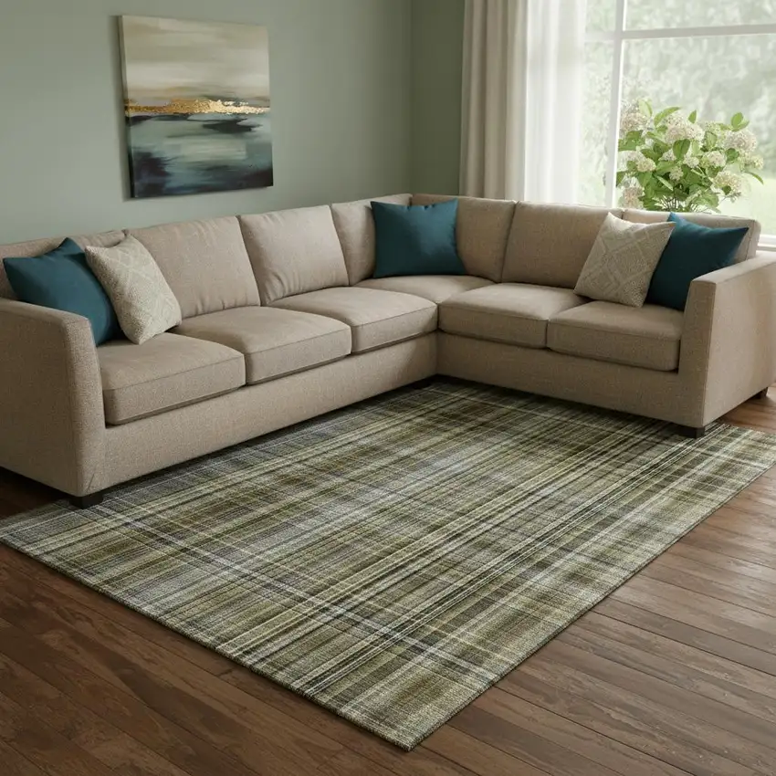 Taupe And Coffee Plaid Washable Area Rug With UV Protection Photo 1