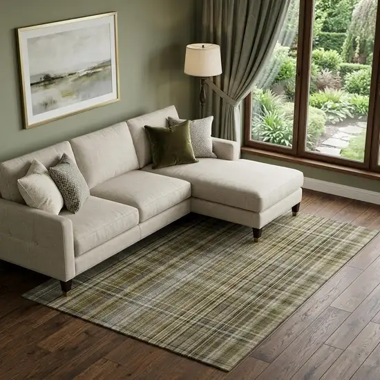 Taupe And Coffee Plaid Washable Area Rug With UV Protection Photo 1