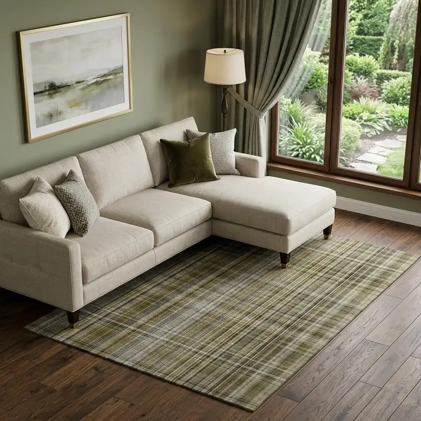 Taupe And Coffee Plaid Washable Area Rug With UV Protection Photo 1