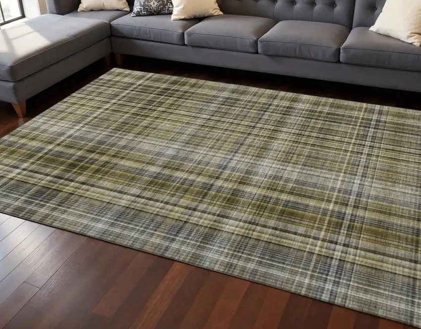 Taupe And Coffee Plaid Washable Area Rug With UV Protection Photo 2