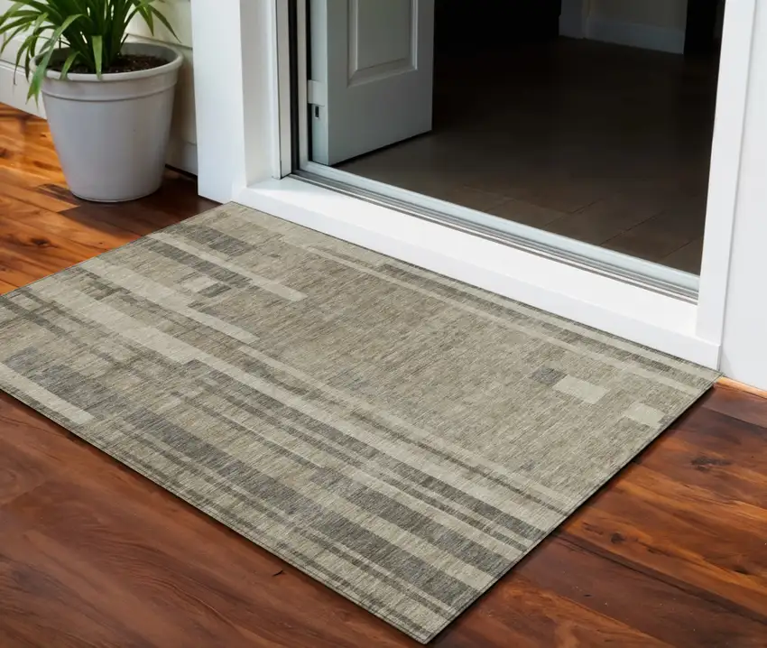 Taupe And Dark Gray Striped Washable Indoor Outdoor Area Rug Photo 1